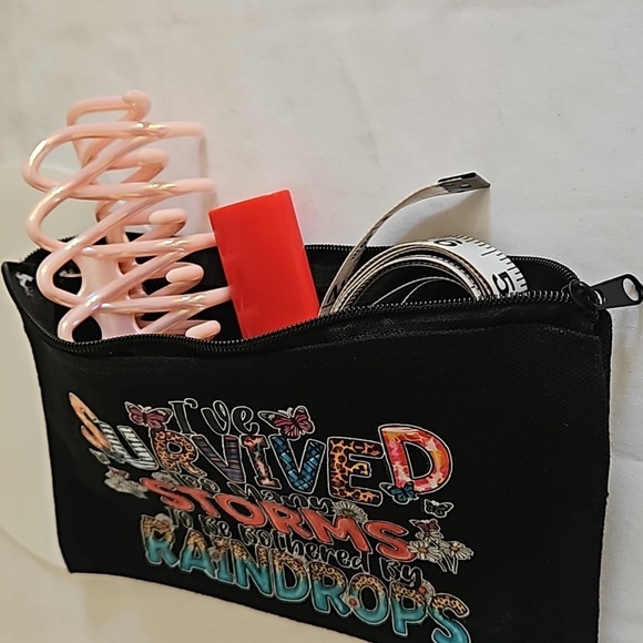 Hand Crafted Black Canvas Cosmetic Bag Pencil case Iron transfer Floral design - Picture 14 of 17